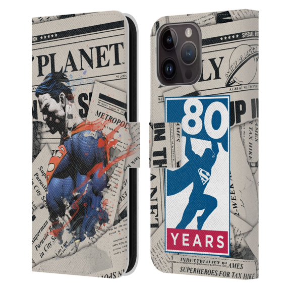 Head Case Designs Officially Licensed Superman DC Comics 80th Anniversary Newspaper Leather Book Wallet Case Cover Compatible with Apple iPhone 15 Pro Max