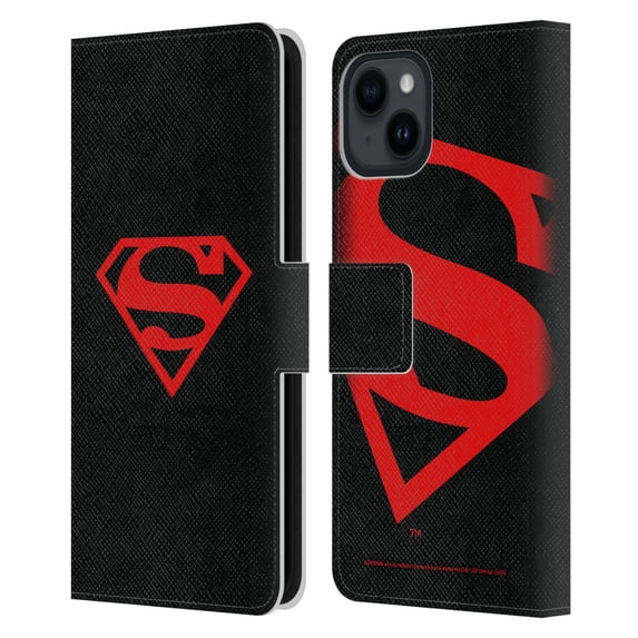 Head Case Designs Officially Licensed Superman DC Comics Logos Black And Red Leather Book Wallet Case Cover Compatible with Apple iPhone 15