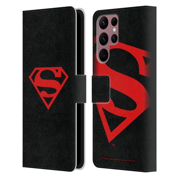 Head Case Designs Officially Licensed Superman DC Comics Logos Black And Red Leather Book Wallet Case Cover Compatible with Samsung Galaxy S22 Ultra 5G