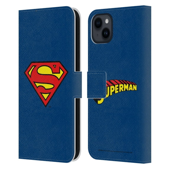 Head Case Designs Officially Licensed Superman DC Comics Logos Classic Leather Book Wallet Case Cover Compatible with Apple iPhone 15 Plus