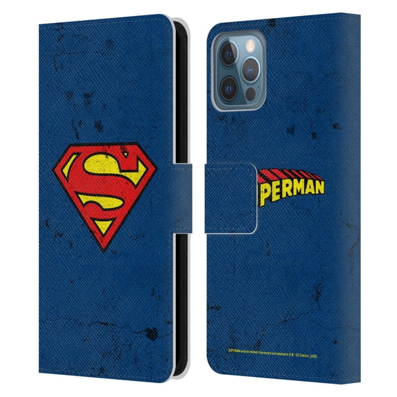 Head Case Designs Officially Licensed Superman DC Comics Logos Distressed Leather Book Wallet Case Cover Compatible with Apple iPhone 12 / iPhone 12 Pro