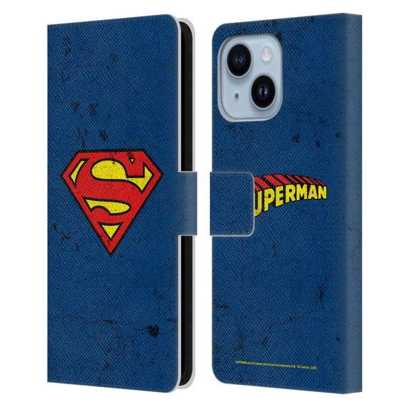 Head Case Designs Officially Licensed Superman DC Comics Logos Distressed Leather Book Wallet Case Cover Compatible with Apple iPhone 14 Plus