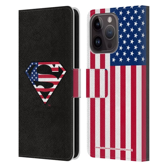 Head Case Designs Officially Licensed Superman DC Comics Logos U.S. Flag 2 Leather Book Wallet Case Cover Compatible with Apple iPhone 15 Pro