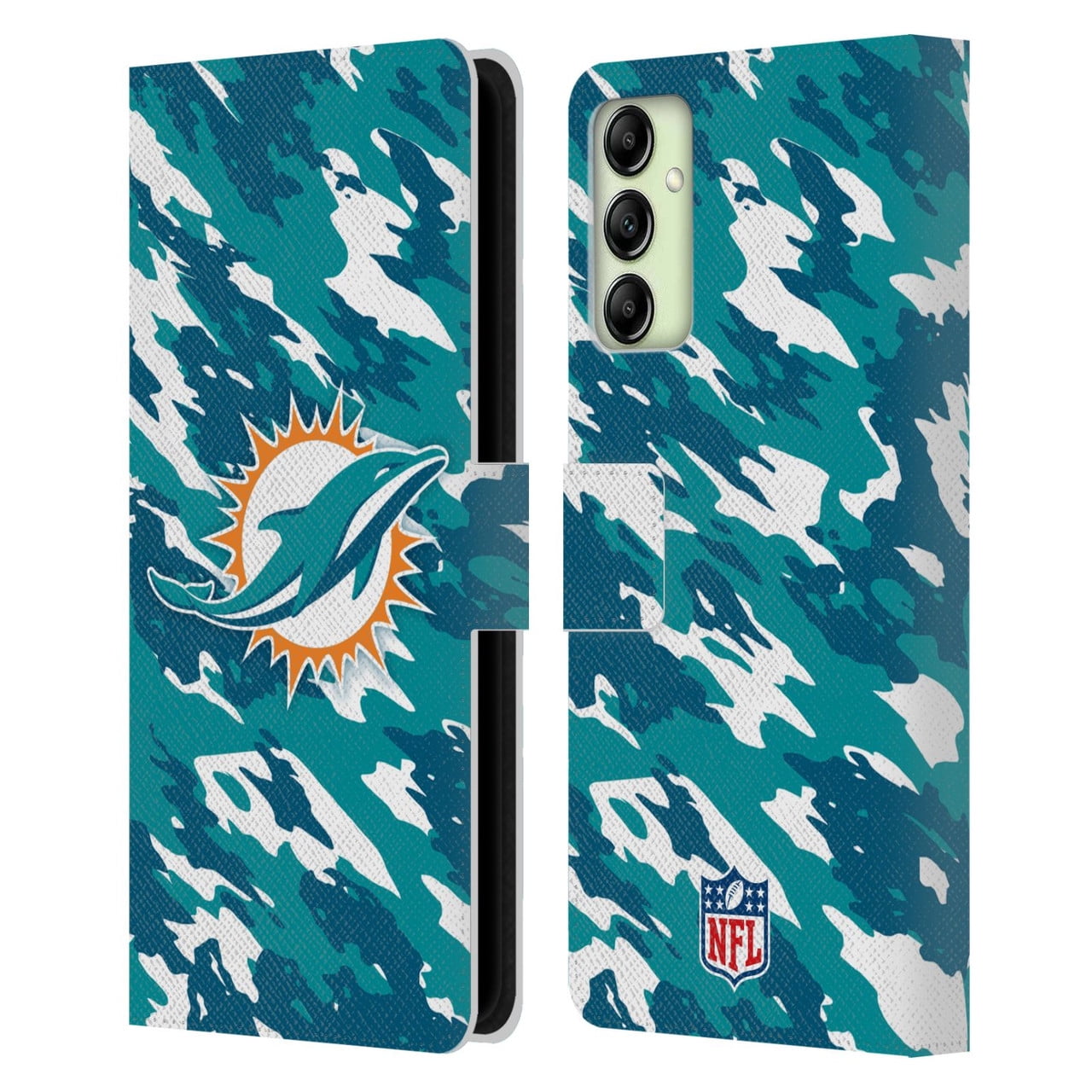 Head Case Designs NFL Miami Dolphins Logo Camou Leather Book Wallet Case Cover For Samsung Galaxy A14 5G