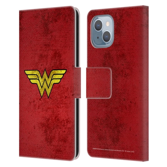 Head Case Designs Officially Licensed Wonder Woman DC Comics Logos Distressed Leather Book Wallet Case Cover Compatible with Apple iPhone 14
