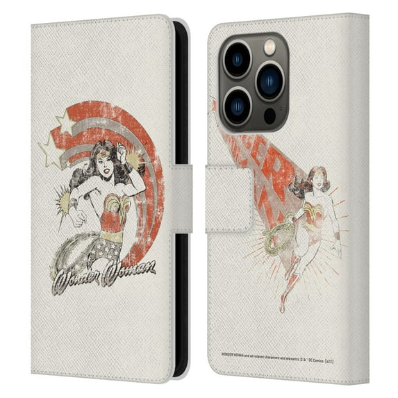 Head Case Designs Officially Licensed Wonder Woman DC Comics Vintage Art Distressed Leather Book Wallet Case Cover Compatible with Apple iPhone 14 Pro
