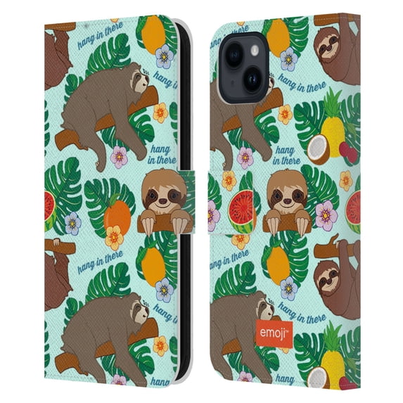 Head Case Designs Officially Licensed emoji® Sloth Tropical Leather Book Wallet Case Cover Compatible with Apple iPhone 15 Plus