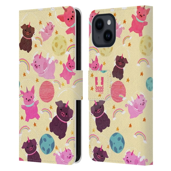 Head Case Designs Space Unicorns Pig Leather Book Wallet Case Cover Compatible with Apple iPhone 15