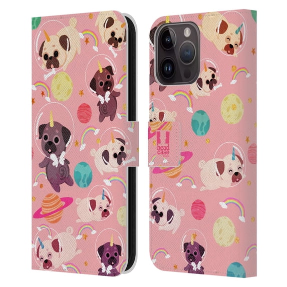 Head Case Designs Space Unicorns Pug Leather Book Wallet Case Cover Compatible with Apple iPhone 15 Pro Max