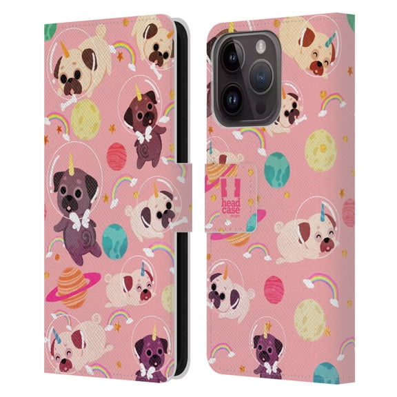 Head Case Designs Space Unicorns Pug Leather Book Wallet Case Cover Compatible with Apple iPhone 15 Pro