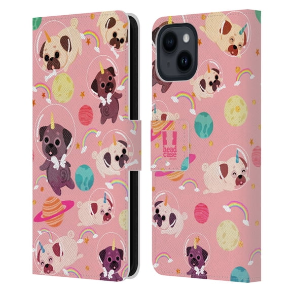 Head Case Designs Space Unicorns Pug Leather Book Wallet Case Cover Compatible with Apple iPhone 15