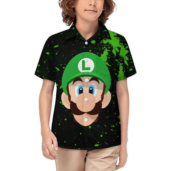Head Face Luigi's Mansion Kid's Short Sleeved Shirt Summer Daily Casual Button-Down Shirts Tee Top Teen Beach Clothing With Pocket