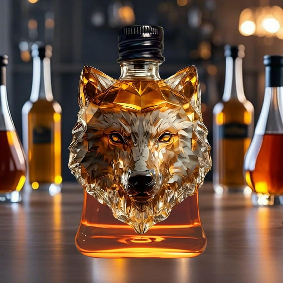 Head Glass Liquor Decanter - Borosilicate Whiskey Display Bottle with Unique Wolf, Elegant Barware Collection for Home Decor Gift Idea