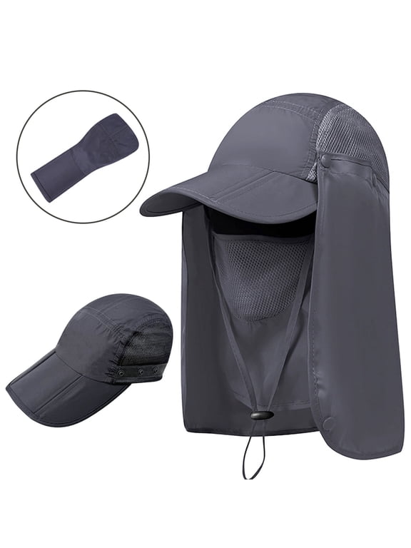 Sun Hat with Neck Flap Face Mask, Foldable Fishing Hat for Men Women Sun Protection Baseball Cap, Gray