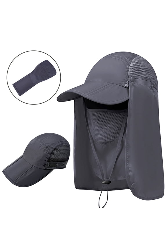 Sun Hat with Neck Flap Face Mask, Foldable Fishing Hat for Men Women Sun Protection Baseball Cap, Gray