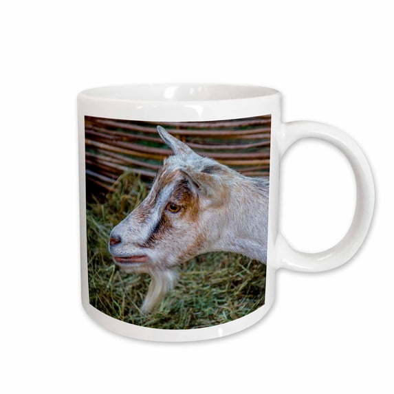3drose, Head of a Young Goat Animal. Hay and a Wicker Fence in the Background, 15oz Mug