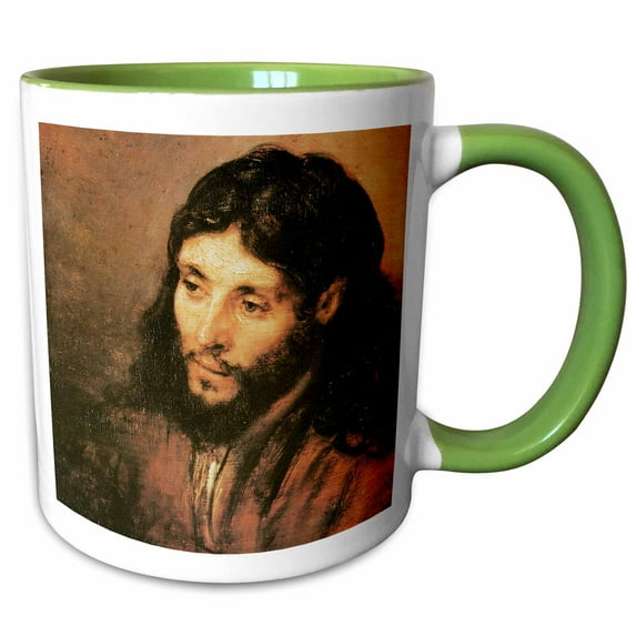 3drose, Head of Christ by Rembrandt Van Rijn, 15oz Two-tone Green Mug