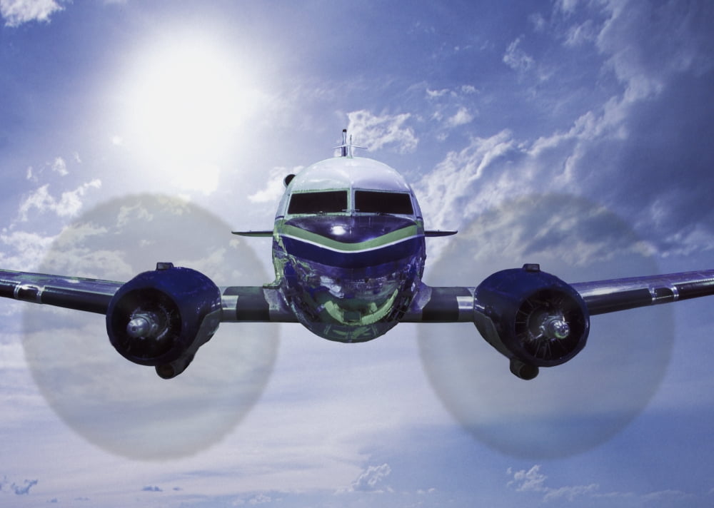Head-On View Of Twin Engine Propeller Airplane Canvas Art - Darren Greenwood Design Pics (16 x 11)