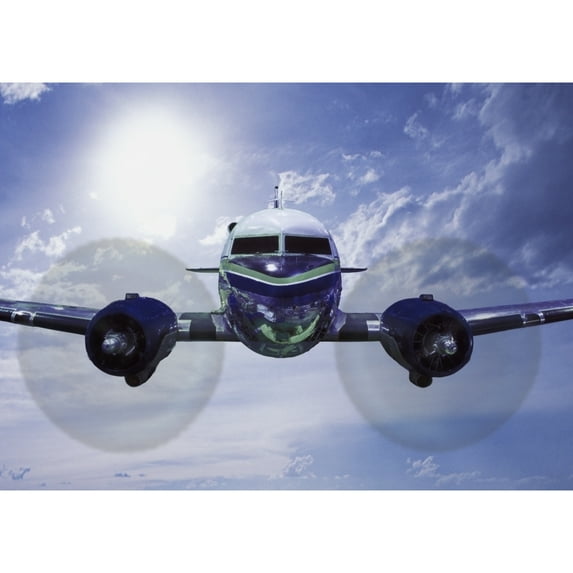 Head-On View Of Twin Engine Propeller Airplane Poster Print
