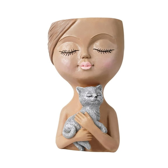 Head Planter Pots Cute Resin Face Flower Pot with Drainage Creative Decorations, Gift for Women, Man, Office and Garden Decor Black Cat