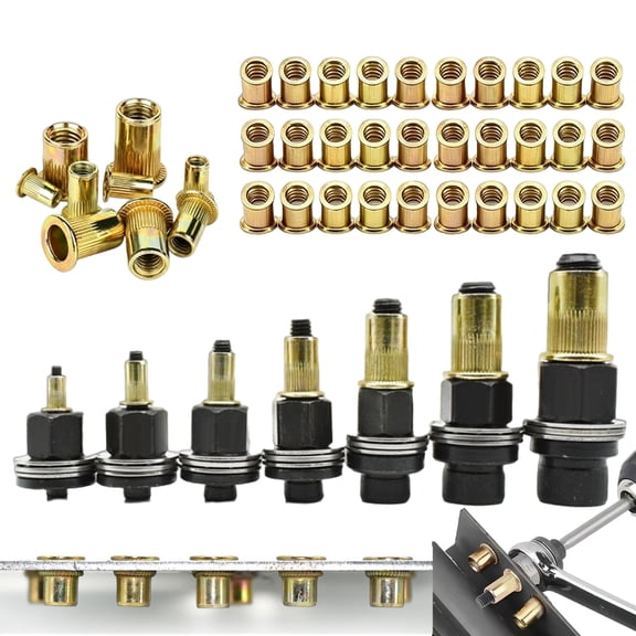 Head Rivet Nut Tool, Professional Carbon Steel Rivet Nut Tool Set, 7 Rivet Nuts Pliers and 70 Press-In Nuts Kit for Automotive Repair (M3-M12, A)