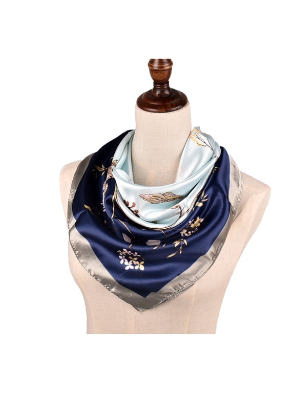Head Scarf Women BWASD Silk Satin Hair Wrap Neck Scarves Casual Flower Printed Square Bandanas Turban Lightweight Headband for Outdoor Spring Summer Blue