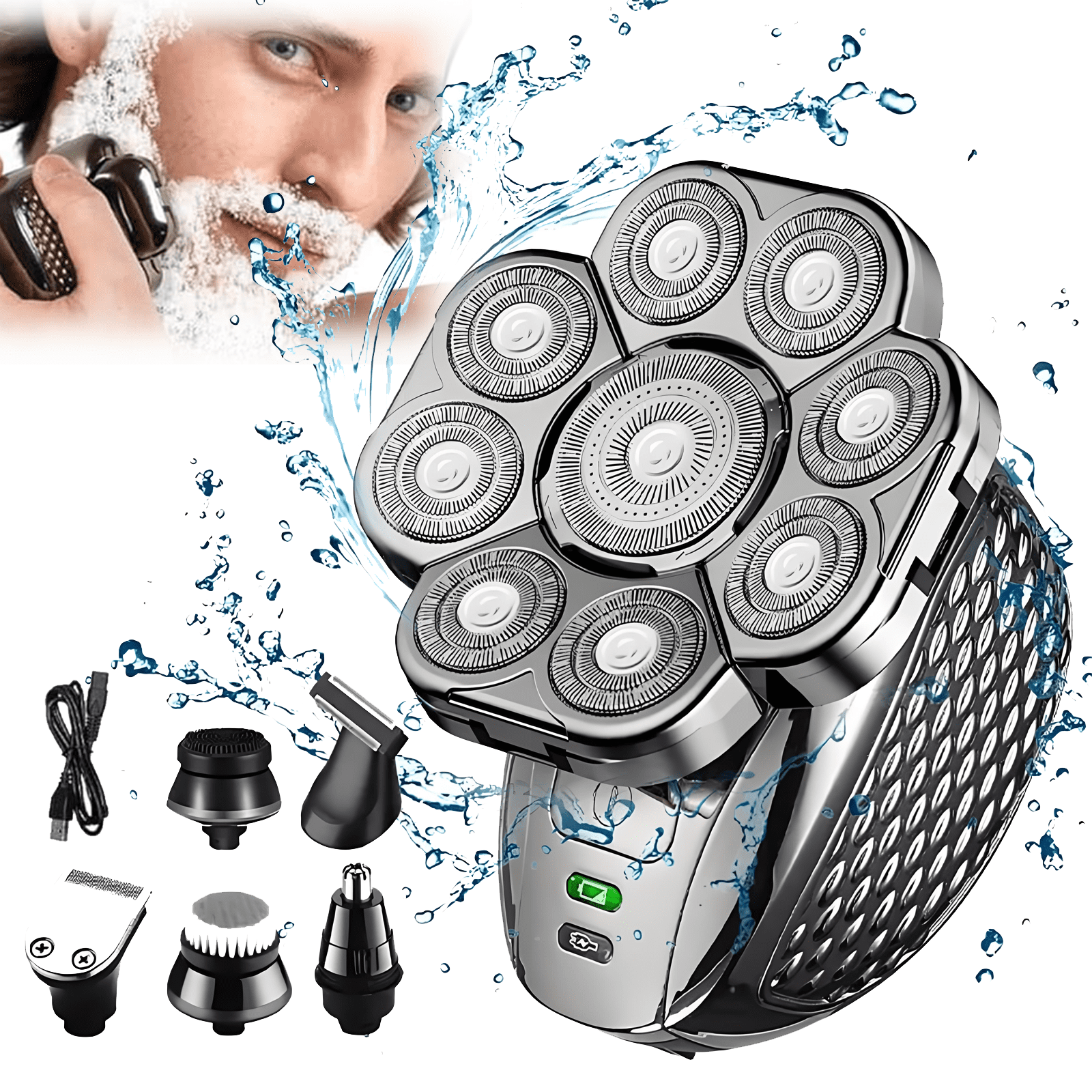 Docreld Head Shaver for Men, 6 in 1Men 9D Rechargeable Waterproof Wet ...