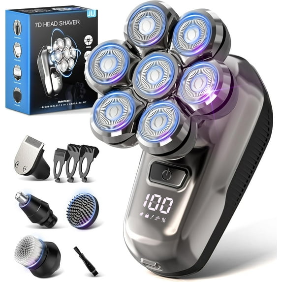 Head Shavers for Bald Men - 5-in-1 Electric Head Shaver Grooming Kit, 7D Floating Wet/Dry Electric Razor for Bald Heads with LED Smart Display, Turbo Speed & Type-C Charging (2000mAh)
