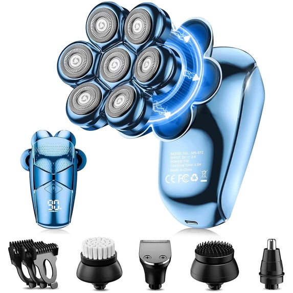 Nogroa Head Shavers for Bald Men, Magnetic Electric Razor, 7D Rotary Shaver 5 in 1 Grooming Kit, IPX7 Waterproof, Wet/Dry, LED Display, Rechargeable, Cordless, Blue
