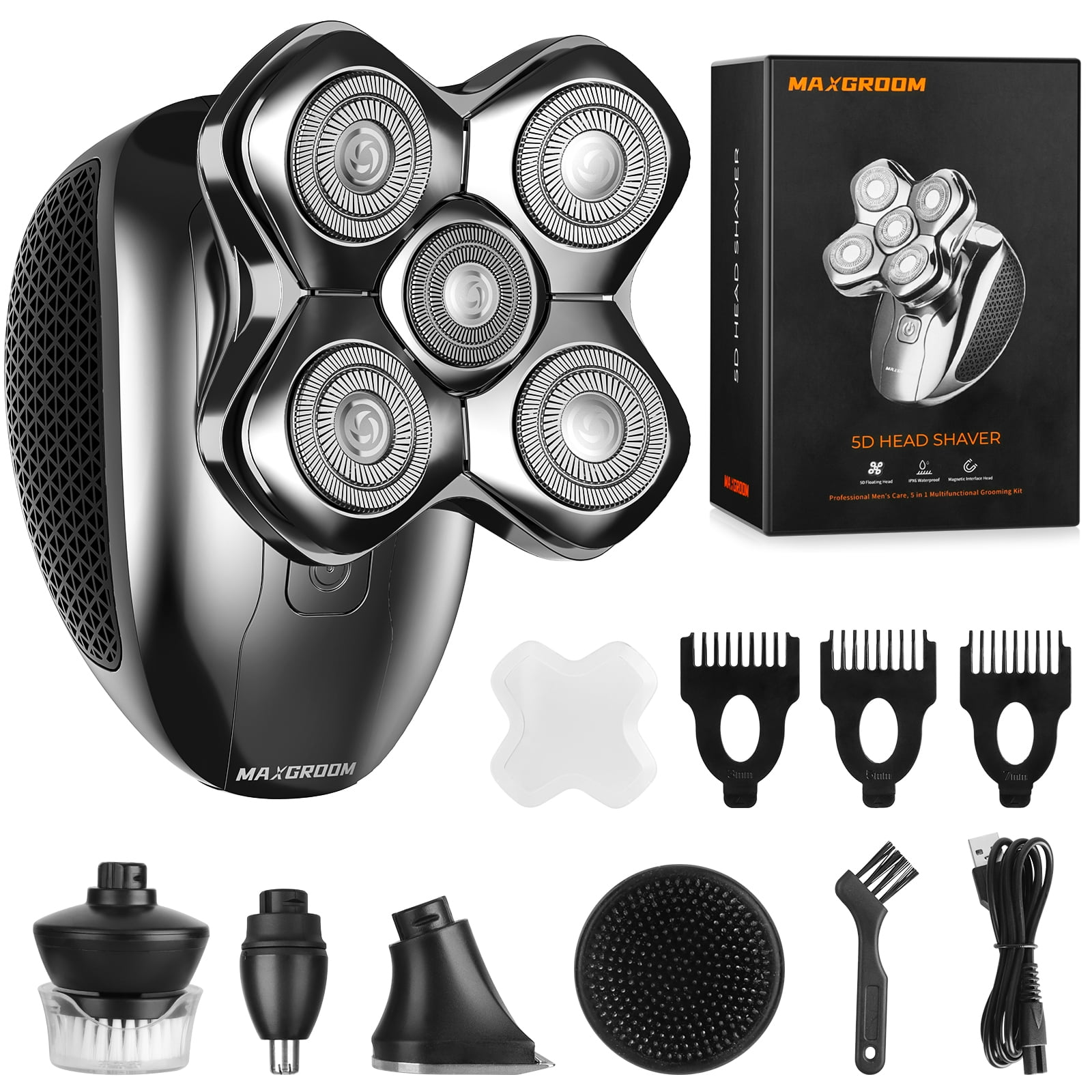 MAXGROOM Head Shaver for Bald Men,Wet/Dry Electric Razor 5 in 1 Cordless USB Rechargeable Rotary Shaver Grooming Kit