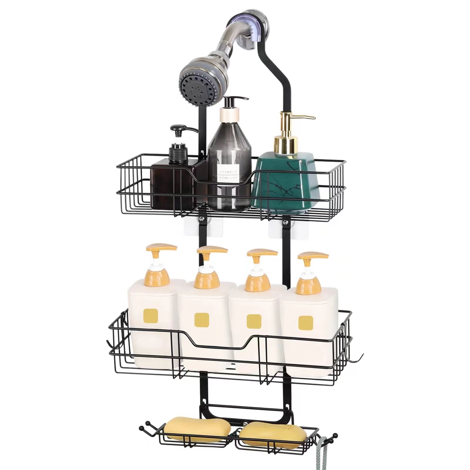 Black Metal 3-Tier Hanging Shower Caddy with Suction Cups