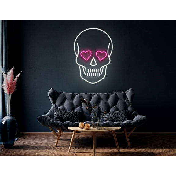 Head Skull W/ Heart Eyes Neon Sign, Wall Art Decor