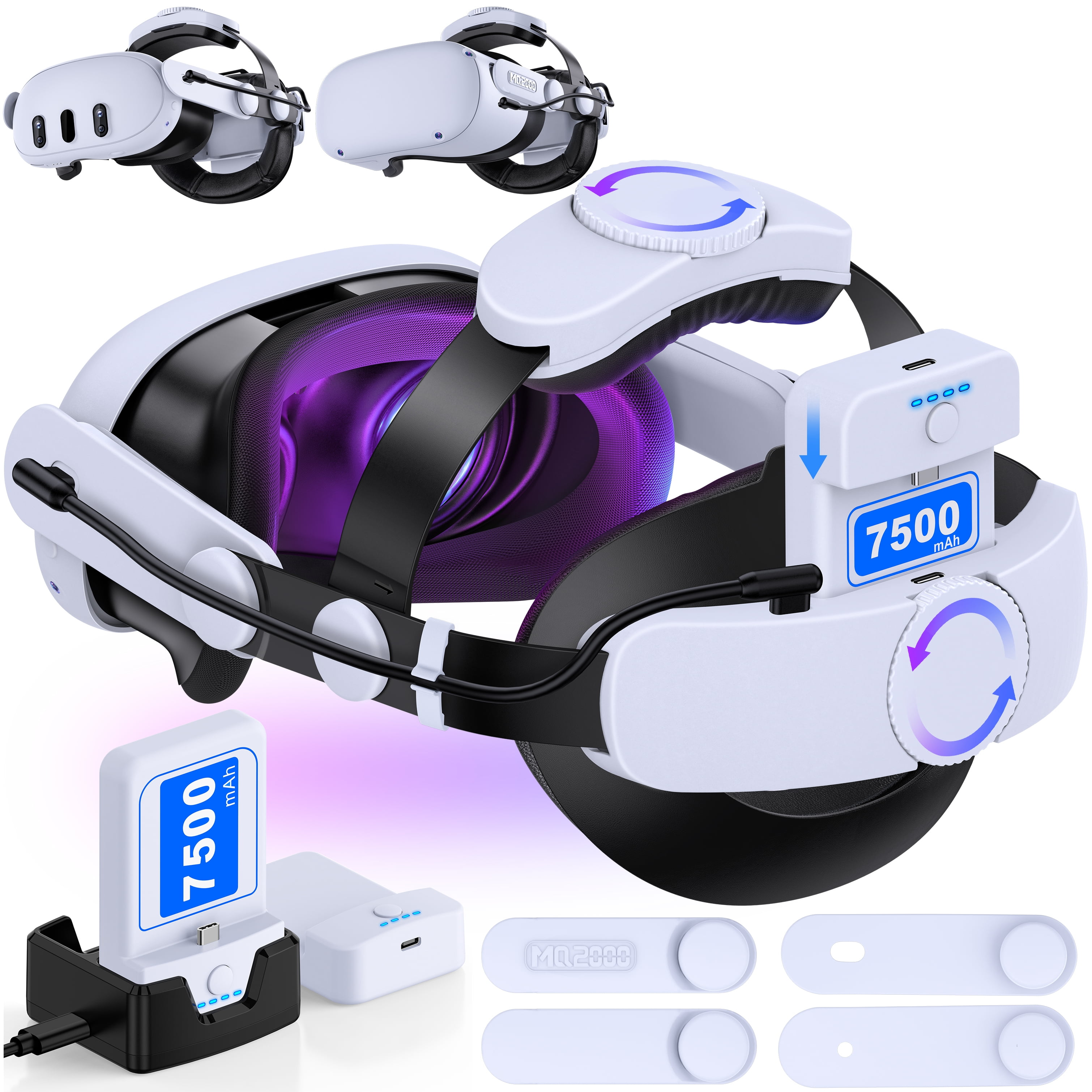 DinoFire Head Strap for Oculus Quest 2 & 3, VR Elite Strap with 2*7500mAh Battery, Meta