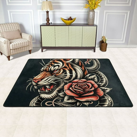 Head Tiger Snake Rose Area Rug Washable 72 x 48 Floor Carpet Mat Non Slip for Bedroom Living Room Kids Room Home Decor