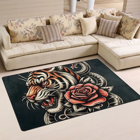 Head Tiger Snake Rose Area Rug Washable Floor Carpet Mat 60 x 39 inch for Bedroom Living Room Kids Room Home Decor
