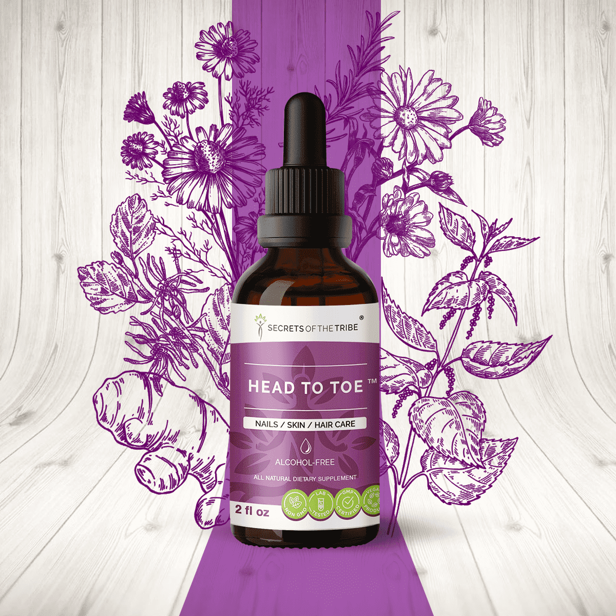 Secrets Of The Tribe Head to Toe Blend Tincture Dietary Supplement, Natural Extract, Made from Chamomile, Witch Hazel, Pot Marigold, Turmeric, Stinging Nettle, Rosemary 2 oz
