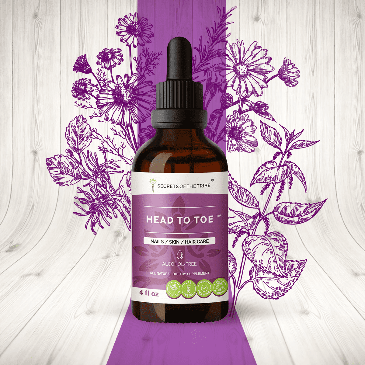 Secrets Of The Tribe Head to Toe Blend Tincture Dietary Supplement, Natural Extract, Made from Chamomile, Witch Hazel, Pot Marigold, Turmeric, Stinging Nettle, Rosemary 4 oz