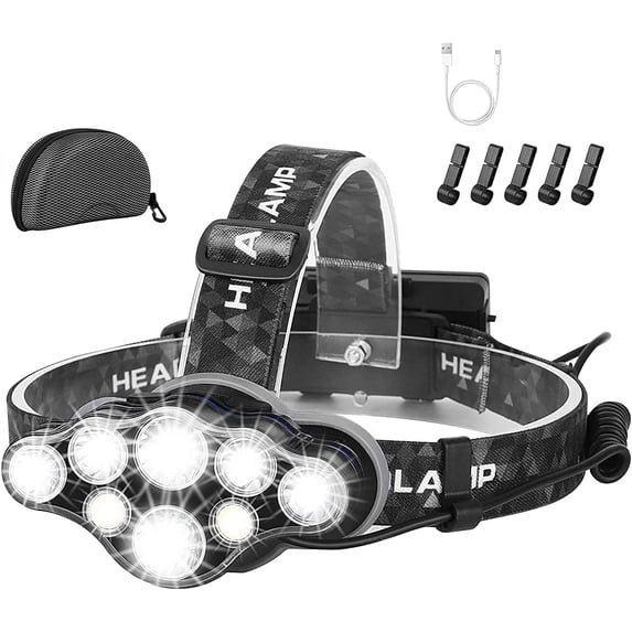 Head Torch,Super Bright Headlight,18000 Lumens 8 LED 8 Modes Headlamp,Rechargeable Waterproof with Red Flash Light Head Torch, for Camping,Fishing,Running,Jogging,Reading,Working