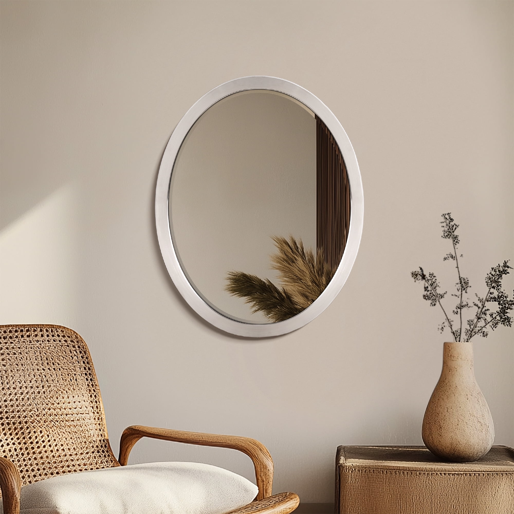Brushed Nickel Oval Wall Mirror with Silver Frame