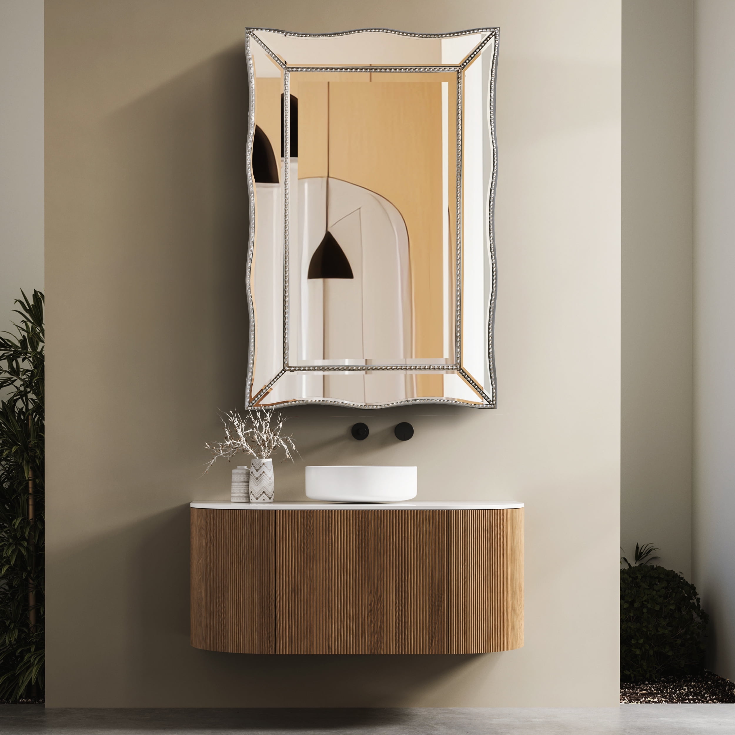 Elegant Beaded Silver Wood Rectangular Wall Mirror