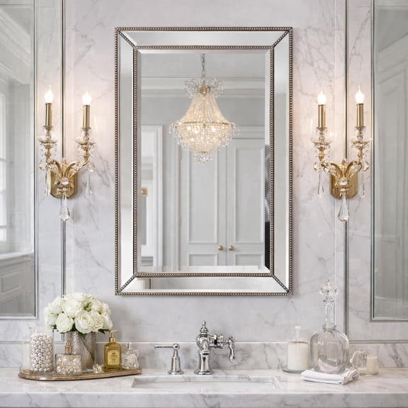Head West Metro Beaded Champagne Silver Beveled Vintage Mirror for Bathroom Wall Decor 24x30"