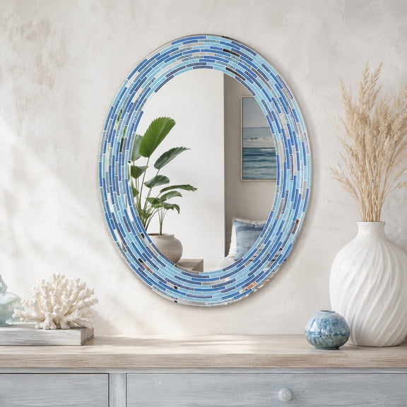 Head West Mosaic Printed Glass Reeded Tiled Blue Oval Entryway Wall Mirror Decor 23x29"