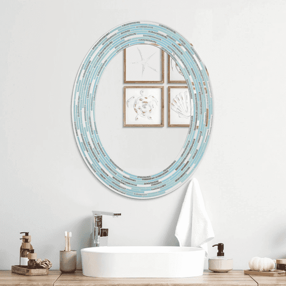 Head West Mosaic Printed Reeded Tiled Sea Glass Aqua Blue Oval Wall Mirror Decor 23x29"