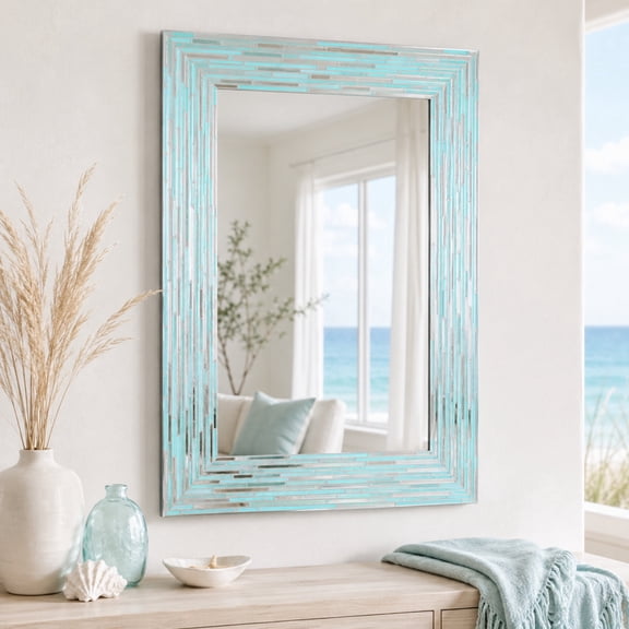 24x30 Mosaic Printed Tiled Sea Glass Aqua Blue Coastal Beach Wall Mirror for Bathroom Entryway