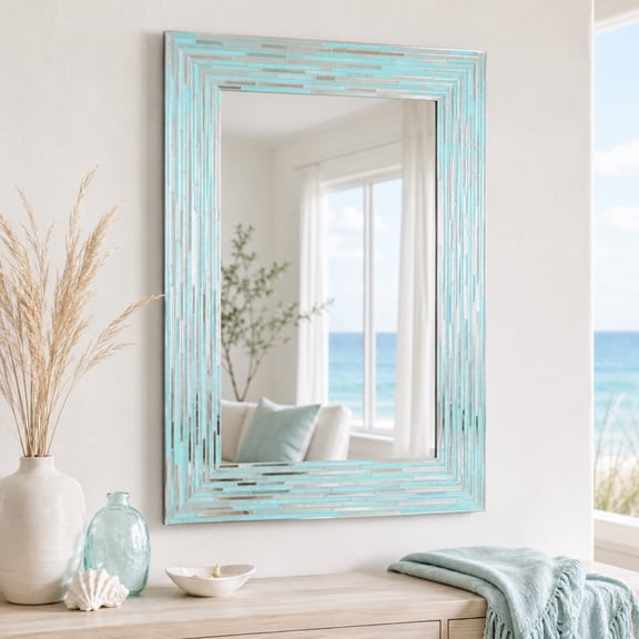 Head West Mosaic Printed Reeded Tiled Sea Glass Aqua Blue Wall Mirror for Bathroom 24x30"