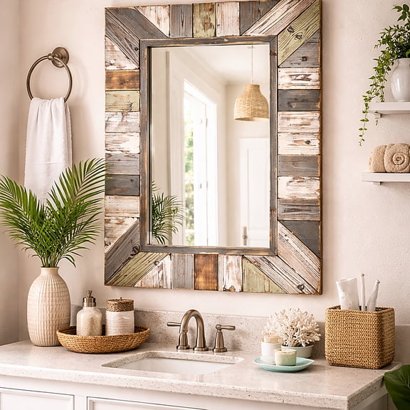 Head West Rustic Wood Plank Framed Farmhouse Rectangular Wall Mirror - 39.5" H x 27.5" L X 1.5" D