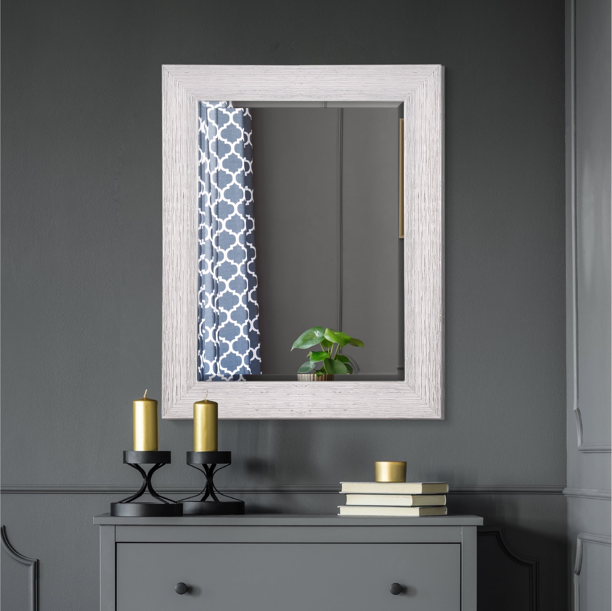 Elegant Chrome and White Textured Rectangular Beveled Wall Mirror - 27.5" x 33.5"
