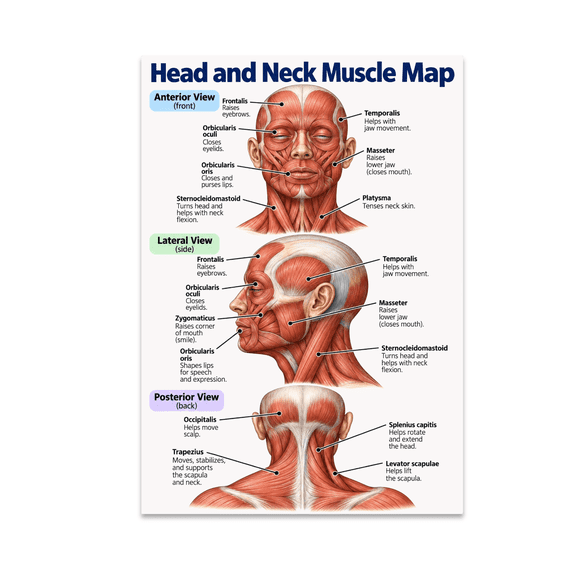 Head and Neck Muscle Map Educational Reference - Anatomy Learner - 13x19 Poster Print