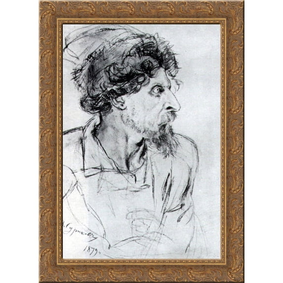 Head of cossack 24x18 Gold Ornate Wood Framed Canvas Art by Vasily Surikov