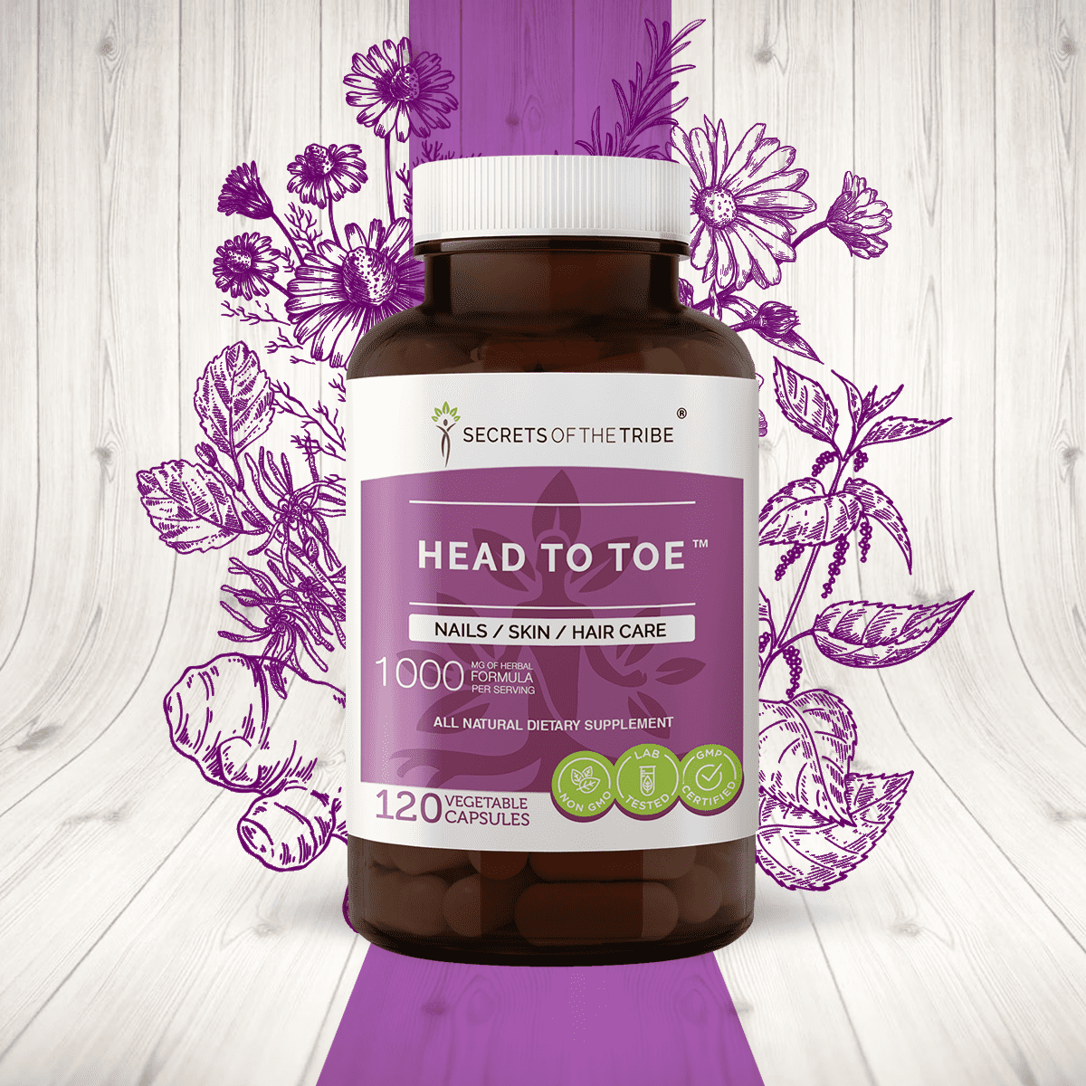Secrets of the Tribe Head to Toe Capsules Dietary Supplement, Natural Herb Blend, Made from Chamomile, Witch Hazel, Pot Marigold, Turmeric, Stinging Nettle, Rosemary 120 Count